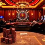 Exciting moment at Nhà cái VUABAI9 casino with players enjoying poker and roulette, showcasing high energy and luxury.