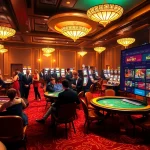 Experience the thrill of Nhà cái Solarbet with players enjoying high-stakes roulette and poker in an upscale casino.