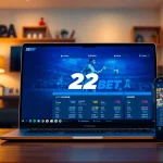 Engaging scene featuring Nhà cái 22BET branding on devices in a cozy, professional setting.