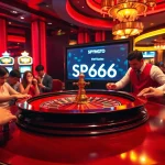 SP666 enhances the thrill of gambling at a vibrant roulette table with players and a croupier.