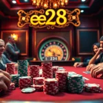 Engage in high-stakes poker action at the exclusive e28 casino with colorful chips and energetic players.