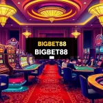 BIGBET88 casino setting with vibrant poker tables and slot machines.
